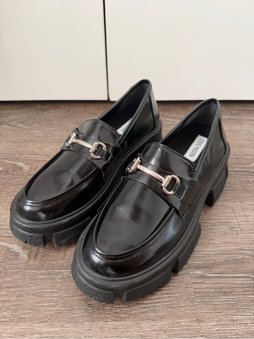Steve Madden Black Patent Platform Loafers with silver Bit